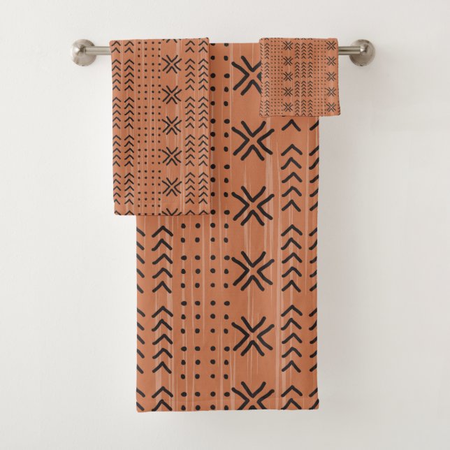 Modern Terracotta Mudcloth African Pattern Bath Towel Set (Insitu)