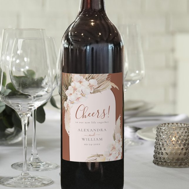 Modern Terracotta Pampas Grass Floral Wedding Wine Label (Creator Uploaded)