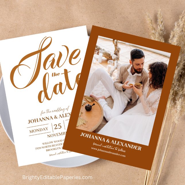 Modern Terracotta Photo Boho Pampas Grass Wedding Save The Date (Experience the Charm of Pampas Grass with Our Modern Terracotta Boho Wedding Invitations.)