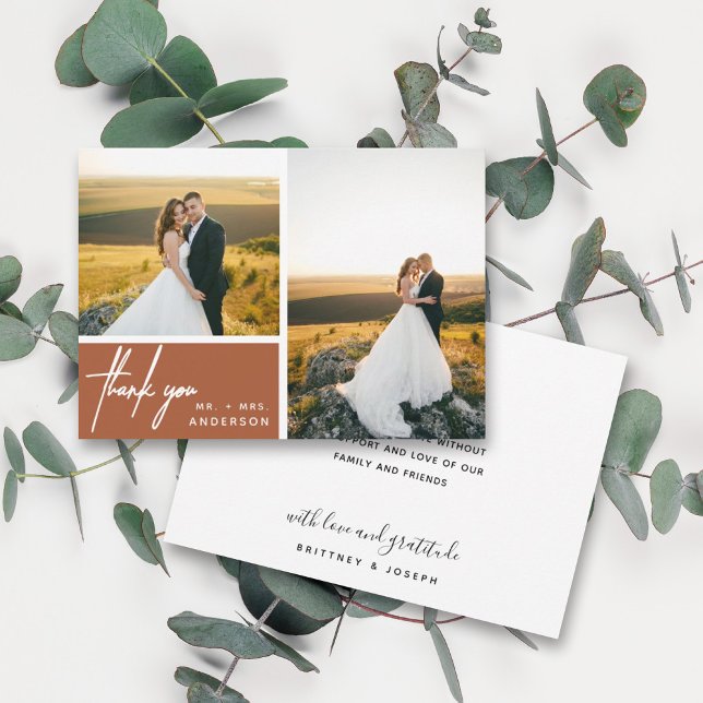 Modern Terracotta Photo Collage Thank you (Two photo hand lettered thank you wedding card with a minimalistic design perfect for any couple.)