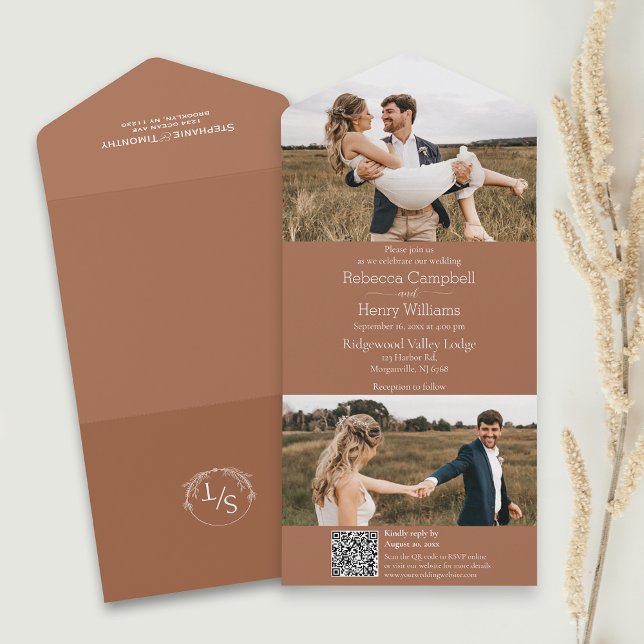Modern Terracotta Photo | Monogram | QR Code All In One Invitation (Simplify your wedding with our all-in-one invitation – convenience and beauty in a single card.)