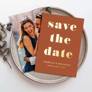 Modern Terracotta Photo Save The Date Gold