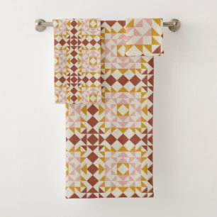 Modern Terracotta Quilt Block Geometric Pattern Bath Towel Set