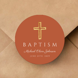 Modern Terracotta Religious Cross Baptism Classic Round Sticker