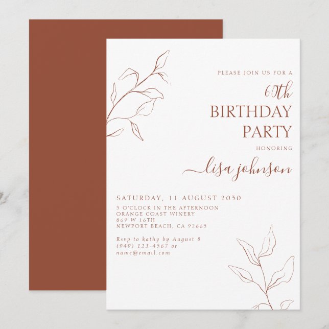 Modern Terracotta Script Botanical 60th Birthday Invitation (Front/Back)