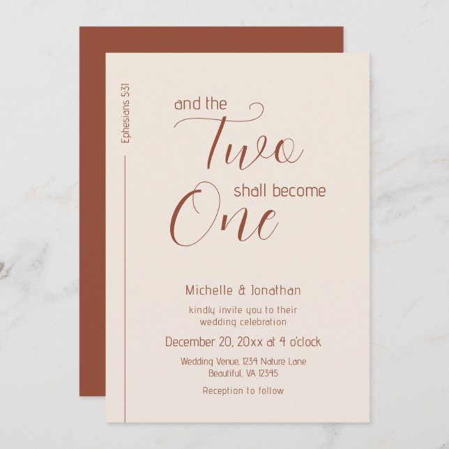 Modern Terracotta Script Christian Bible Wedding Invitation (Front/Back)