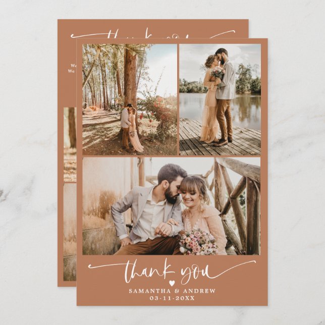 Modern terracotta script heart 6 photos wedding thank you card (Front/Back)