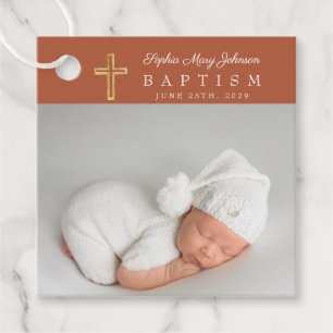 Modern Terracotta Script Photo Baptism Thank You Favour Tags