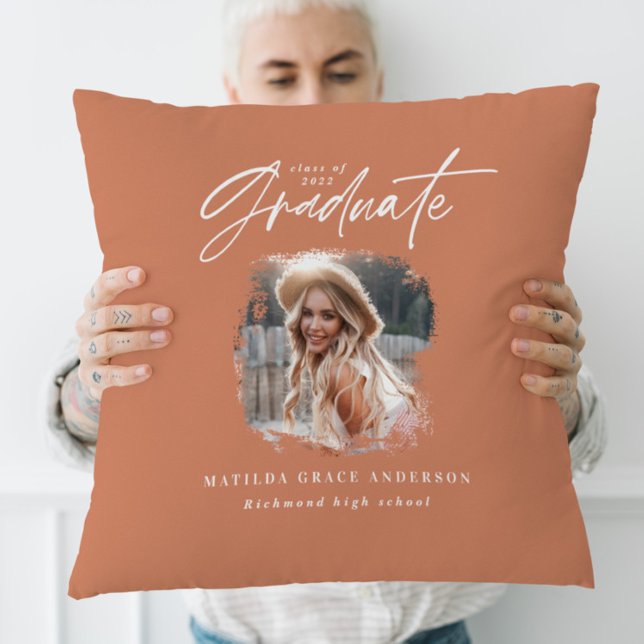 Modern terracotta script photo elegant graduation cushion (Creator Uploaded)