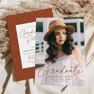 Modern Terracotta Script Photo Graduation Party Invitation