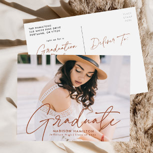 Modern Terracotta Script Photo Graduation Party Invitation Postcard