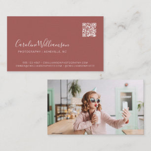 Modern Terracotta Script Photo QR Code Trendy Business Card