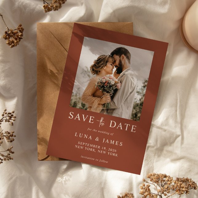 Modern Terracotta Simple Photo Wedding Save The Date (Modern Simple Photo Wedding Save The Date Invitation Terracotta)