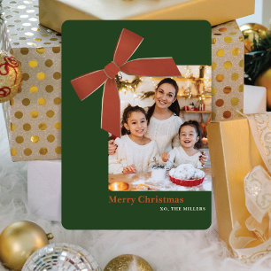 Modern Terracotta Velvet Bow Photo Christmas Card
