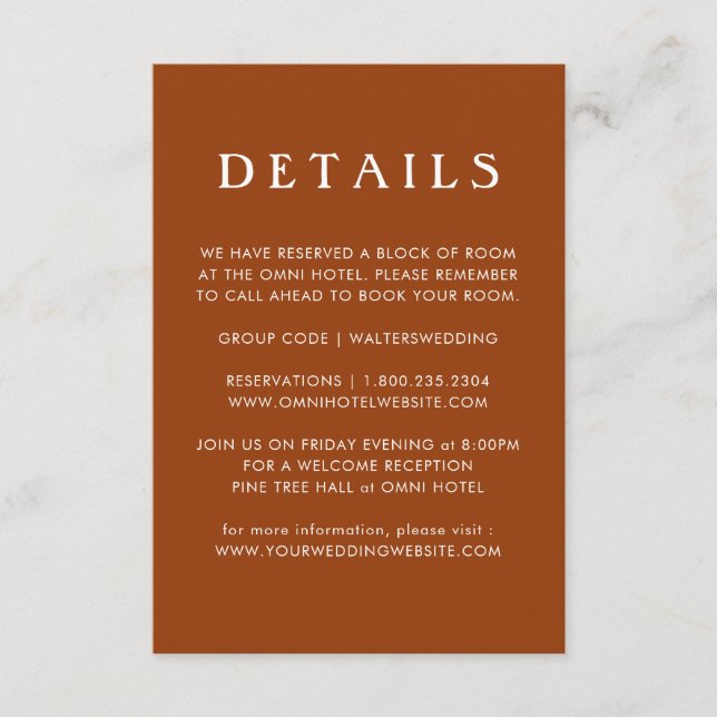 Modern Terracotta Wedding Details Enclosure Card (Front)