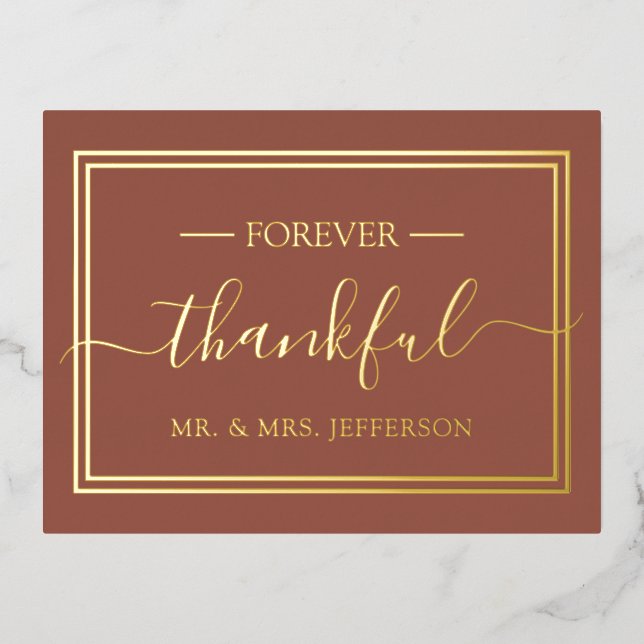 Modern Terracotta Wedding Mr. & Mrs. Thank You Foil Invitation Postcard (Front)