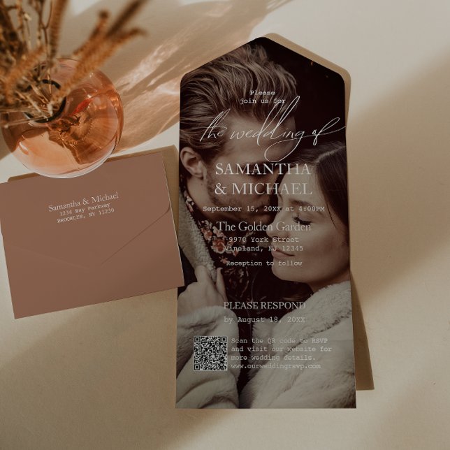 Modern Terracotta Wedding with QR Code RSVP Photo All In One Invitation (All-in-one wedding invitation with QR code to RSVP - Simplify and save time for you and your guests.)