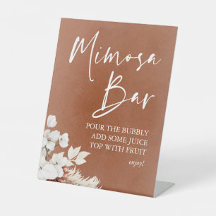 Modern Terracotta White Floral Boho Mimosa Bar Pedestal Sign