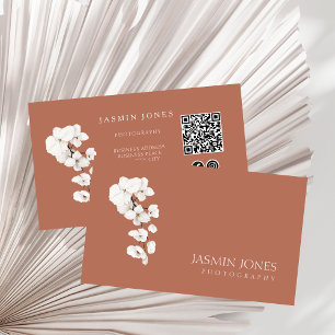 Modern Terracotta White Orchids QR Code Floral Business Card