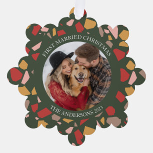 Modern Terrazzo First Married Christmas Tree Decoration Card