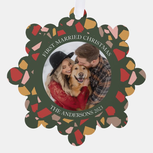 Modern Terrazzo First Married Christmas Tree Decoration Card (Front)