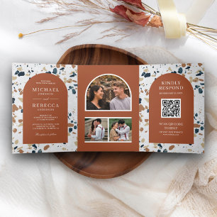 Modern Terrazzo Terracotta Arch QR Code Wedding Tri-Fold Invitation
