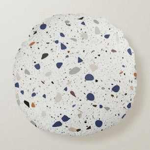 Modern Terrazzo Tile Decorative Blue Grey White  Round Cushion