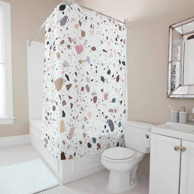 Modern Terrazzo Tile Design white beige brown Shower Curtain (In Situ)