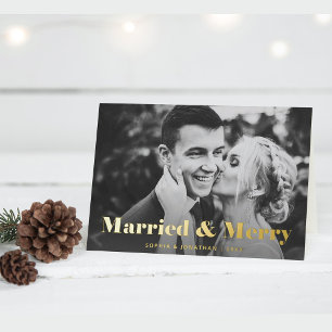 Modern Text and Photo   Married and Merry Gold Foil Holiday Card
