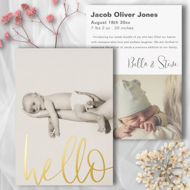 Modern Text Hello Photo Baby Announcement (Creator Uploaded)