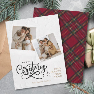 Modern Textured Merry Christmas Red Plaid Photo Holiday Card