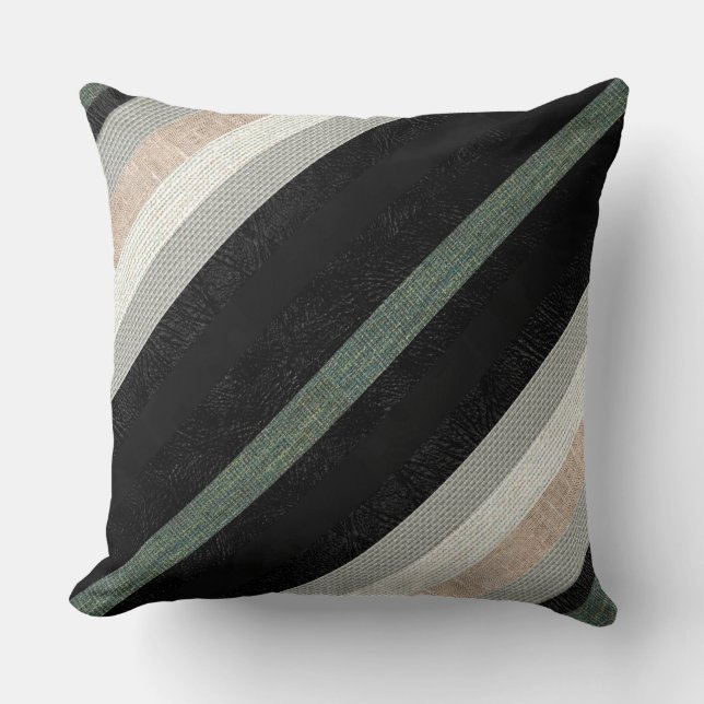 Modern Textured Stripes Of Fabric And Leather Cushion (Front)