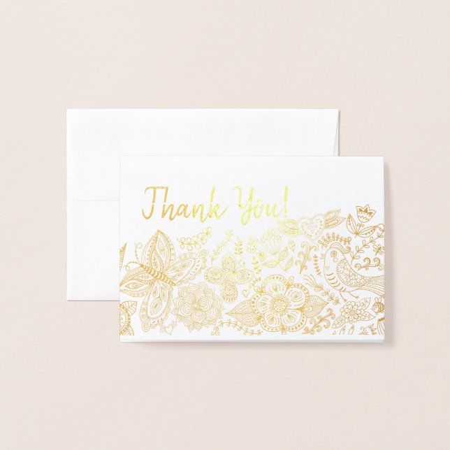 Modern Thank You! Butterfly Birds Hearts Filigree Foil Card (Front With Envelope)