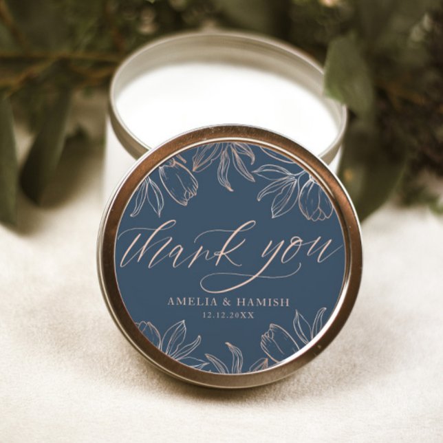 Modern Thank You Dark Blue & Rose Gold Wedding  Classic Round Sticker (Creator Uploaded)