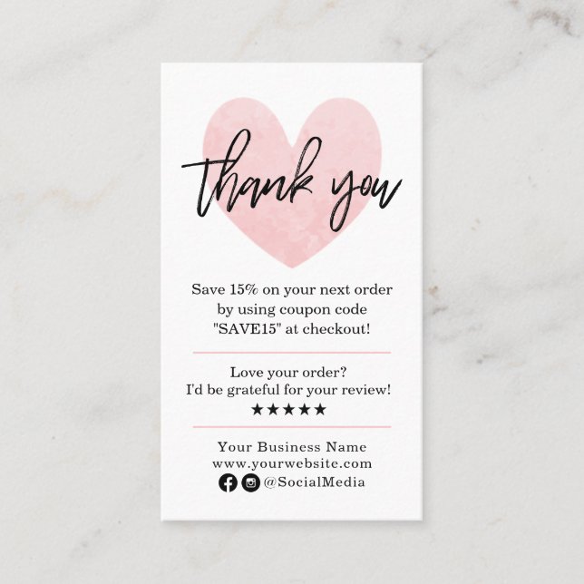 Modern Thank You For Your Order Pink and Black Business Card (Front)