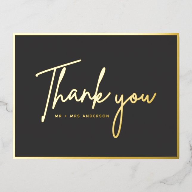 Modern Thank You Handwritten Script Wedding Foil Holiday Postcard (Front)