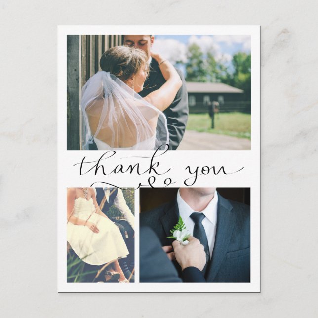 Modern Thank You Handwritten Three Wedding Photos Postcard (Front)