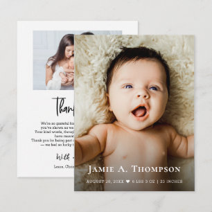  Modern Thank you Heart New Baby Birth Photo Announcement