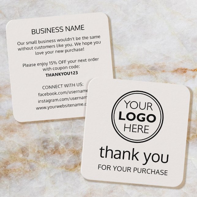 Modern Thank You Logo Small Business Off-White Square Business Card (Creator Uploaded)