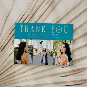 Modern Thank You Multi Photo Aqua Blue Graduation Announcement