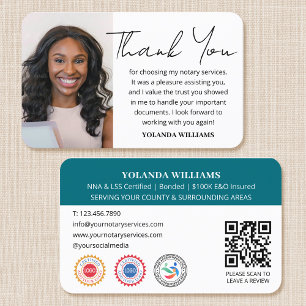 Modern Thank You Notary Public Photo QR Code Teal Business Card