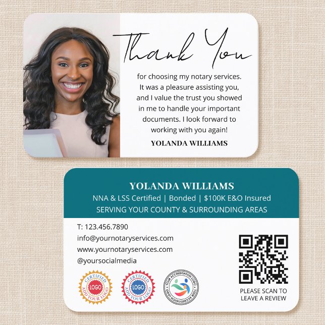 Modern Thank You Notary Public Photo QR Code Teal Business Card (Creator Uploaded)