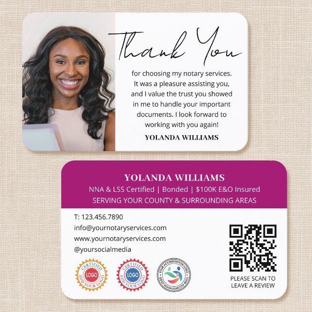 Modern Thank You Notary Public Photo QR Magenta Business Card (Creator Uploaded)