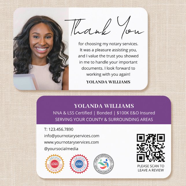 Modern Thank You Notary Public Photo QR Purple Business Card (Creator Uploaded)