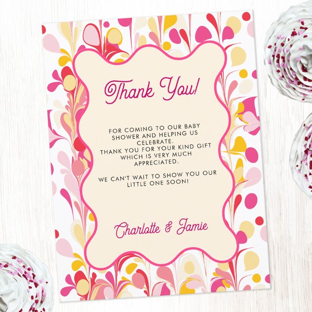 Modern Thank You Retro Abstract Pink Postcard (Fun retro marble groovy wavy pink yellow personalized custom text baby shower thank you postcard)