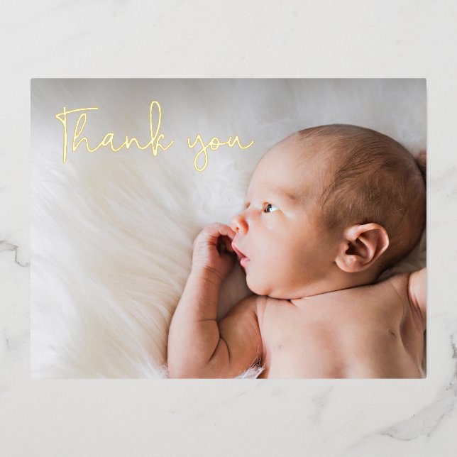 Modern thank you Script Baby photo birth chic gold Foil Holiday Postcard (Front)