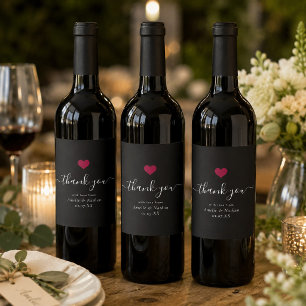 Modern Thank you Script Burgundy Red Heart Wedding Wine Label