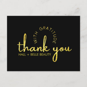 Modern Thank You Script Gold Glitter Black Custom Postcard