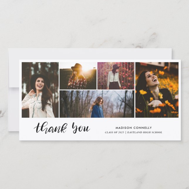 Modern Thank You Script Graduate Photo Collage Card (Front)