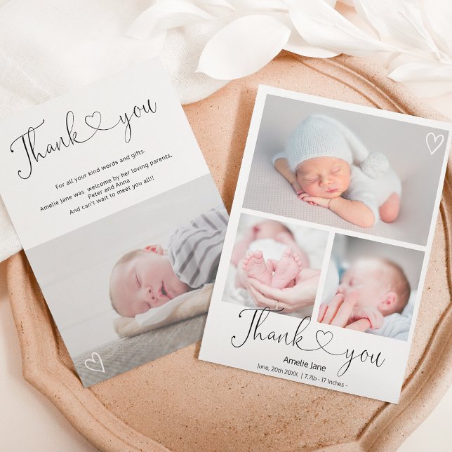 Modern thank you script heart 4 photos baby birth announcement (Creator Uploaded)